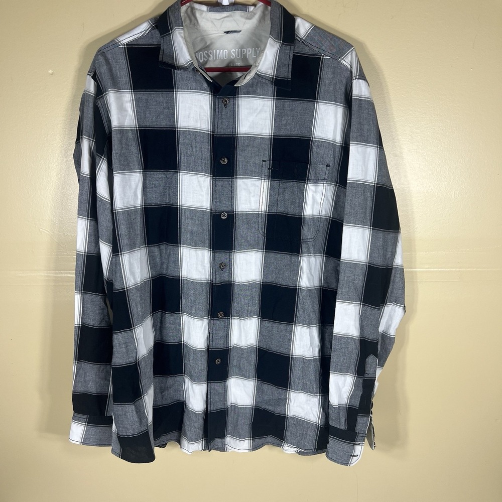 Mossimo Supply Co Mens XL Plaid Button Up Shirt Gray Black White Long Sleeve